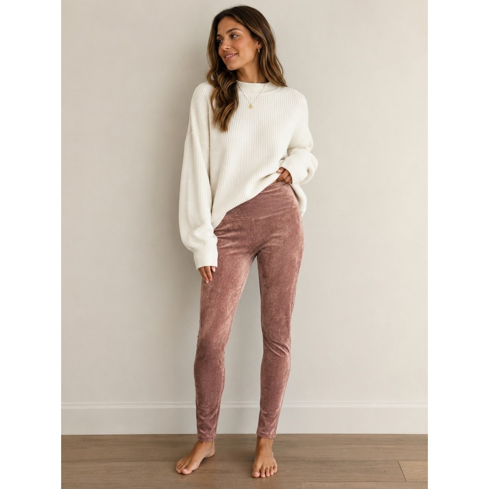 Mauve Pink Corduroy High Waisted Ribbed Leggings Stretchy Yoga Pants Women Small